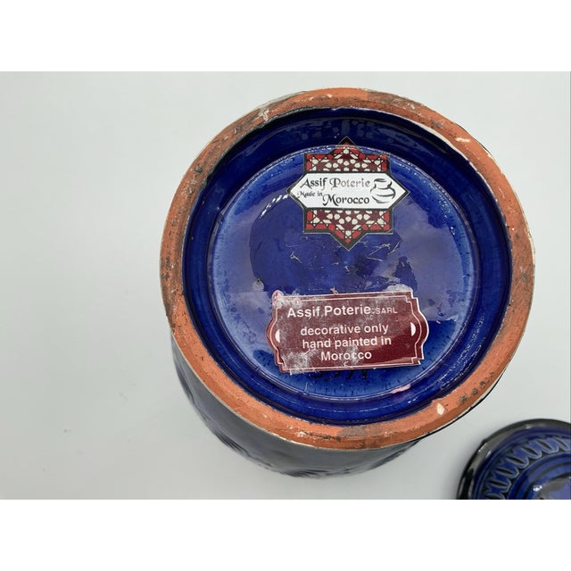 1950s Vintage Moroccan Safi Assif Poterie Blue Lidded Jar 12” Handcrafted Pottery For Sale - Image 5 of 6