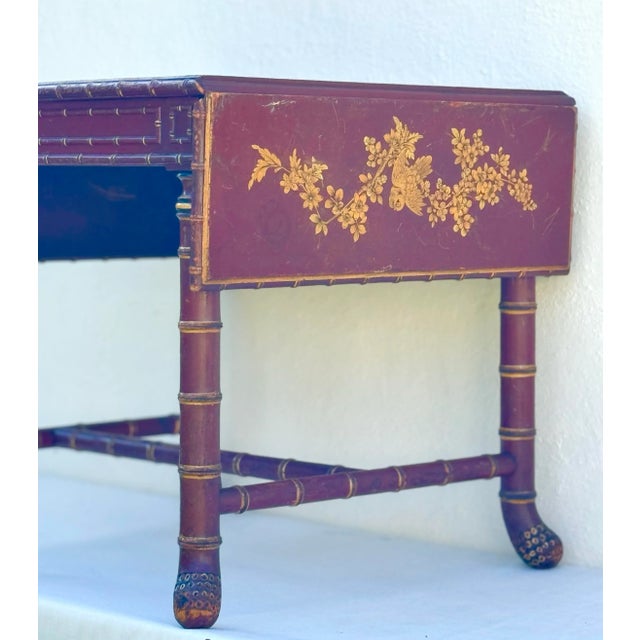 Late 19th Century Antique Table Desk: Warm Red Lacquer and Gilt Chinoiserie French Table / Writing Desk For Sale - Image 5 of 12