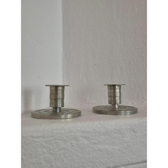 Art Deco Swedish Grace Candleholders in Pewter attributed to Sylvia Stave, 1933, Set of 2 For Sale - Image 4 of 9
