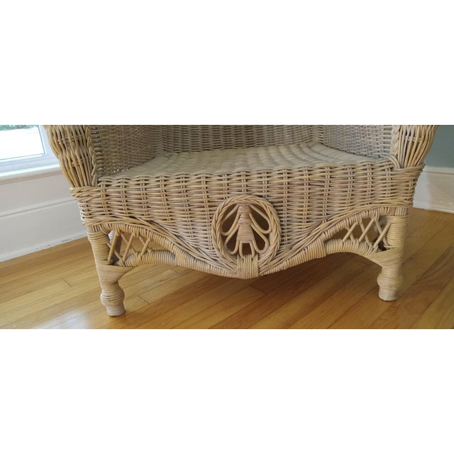 Art Deco Pristine 1980's Phillippine Ratan & Wicker Wingback Chairs & Ottoman - 3 Piece Set For Sale - Image 3 of 18