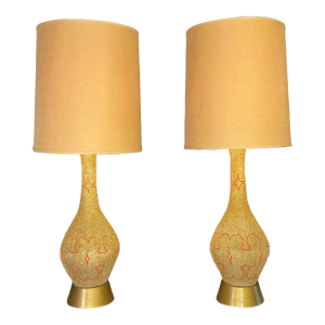 Pair of Monumental Mid-Century Modern Ceramic Table Lamps 45” Tall With Original Shade, Circa 50s 60s
