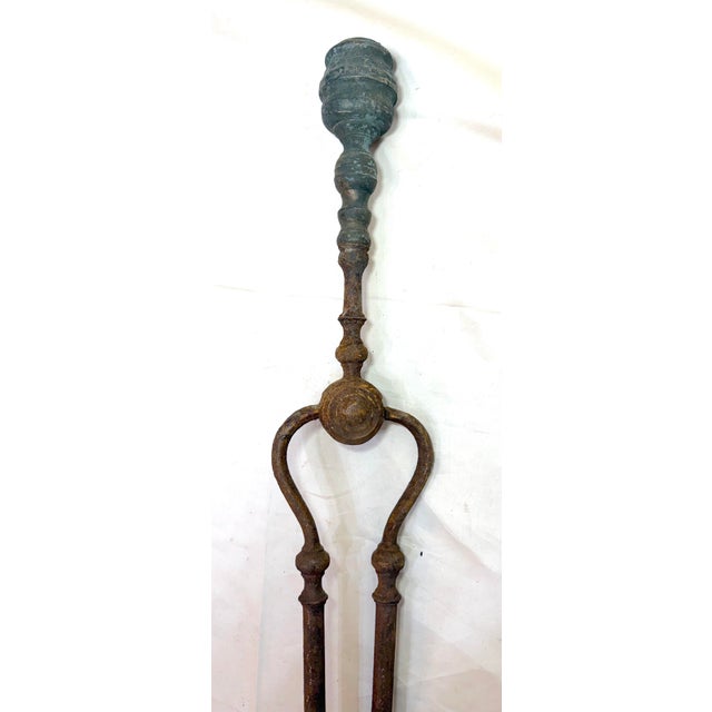 English Antique 18th Century Wrought Iron Turned Brass English Fireplace Tongs Tool 12 For Sale - Image 3 of 12
