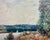 A striking oil on canvas reproduction after Alfred Sisley depicting The Seine at Bouille, a Gust of Wind (1894), also...