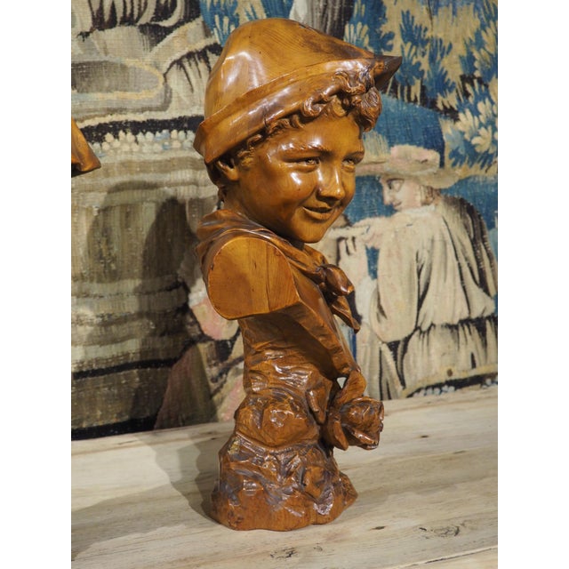 Pair of Antique French Carved Pine Busts of a Boy and a Girl, Circa 1900 For Sale - Image 12 of 18