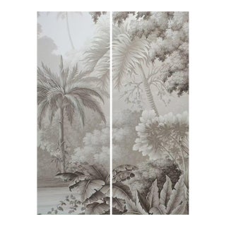 36" * H96" * 2ps, Hand-Painted Retro Grey Tone Palm Rainforest Wall Mural, Low-Saturation Misty Tropical Plant Wall Covering For Sale