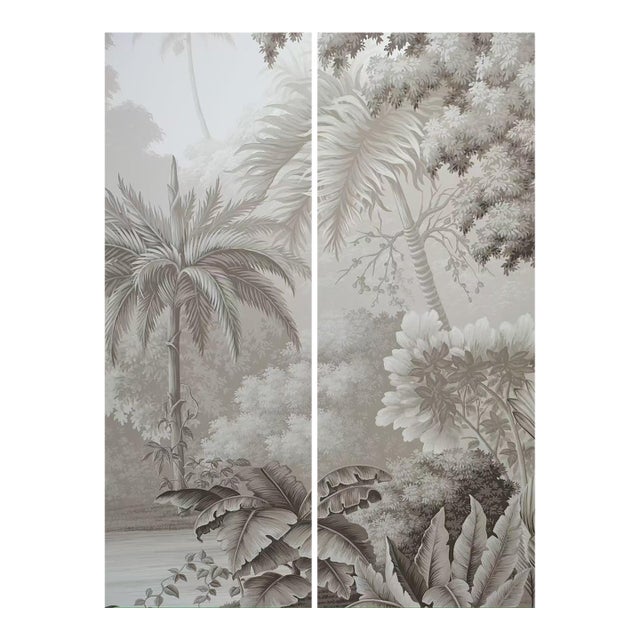 36" * H96" * 2ps, Hand-Painted Retro Grey Tone Palm Rainforest Wall Mural, Low-Saturation Misty Tropical Plant Wall Covering For Sale