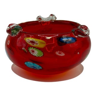 Vintage Red Murano Style Ashtray, Hand Blown Millefiori Glass Bowl Catchall For Sale