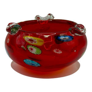 Vintage Red Murano Style Ashtray, Hand Blown Millefiori Glass Bowl Catchall