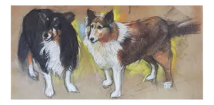 Vintage Pastel Painting Sheltie or Collie Dogs