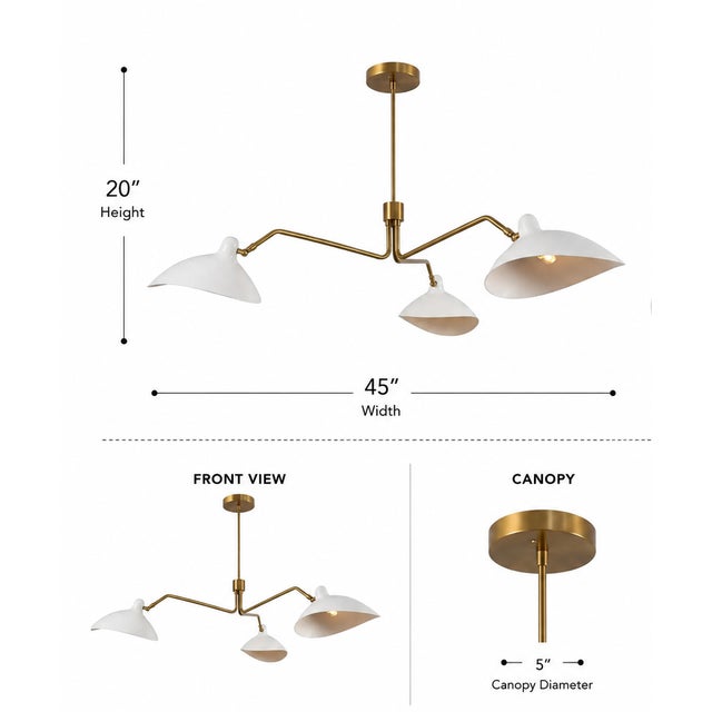 Sculptural Three-Light Brass Chandelier With White Domed Shades For Sale - Image 9 of 10
