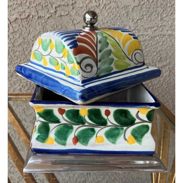 1970s Colorfully Charming Late 20th-Century Talavera Lidded Box on Pewter Pedestal Base, Mexico For Sale - Image 5 of 11