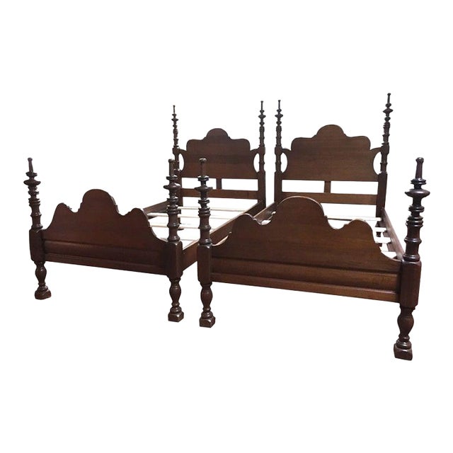Pair American Sheraton Mahogany Twin Beds With Fancy Scalloping & Turned Posts For Sale