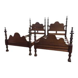 Pair American Sheraton Mahogany Twin Beds With Fancy Scalloping & Turned Posts