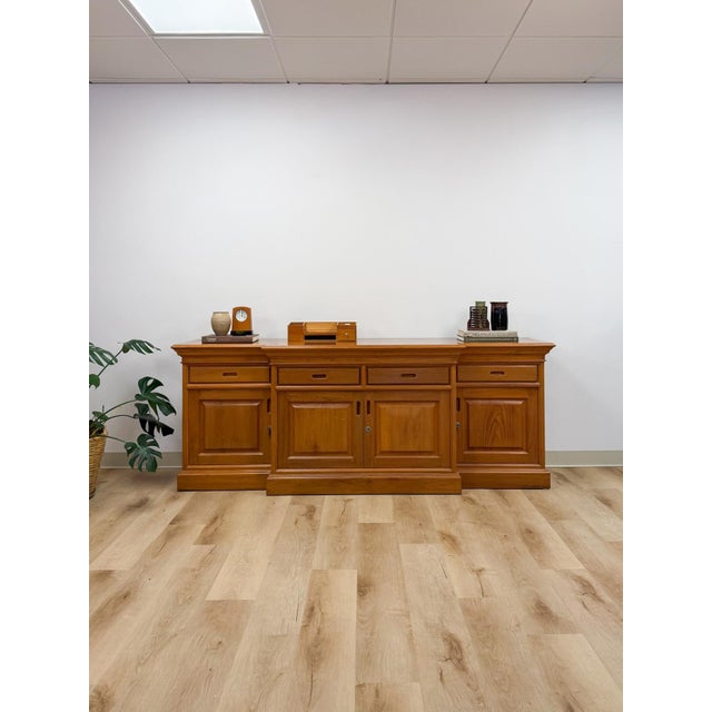 Antique Style Oak Office Credenza With Locking Doors and Finished Back For Sale - Image 9 of 17