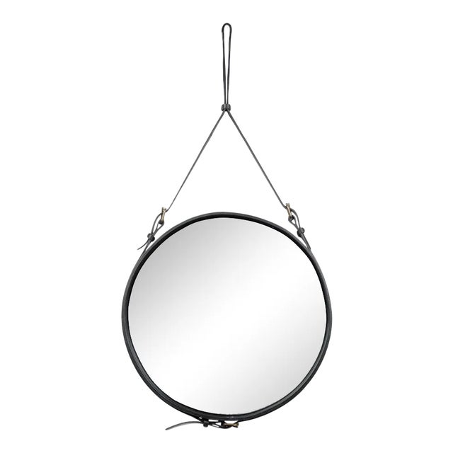 Jacques Adnet Medium Circulaire Mirror With Black Leather For Sale