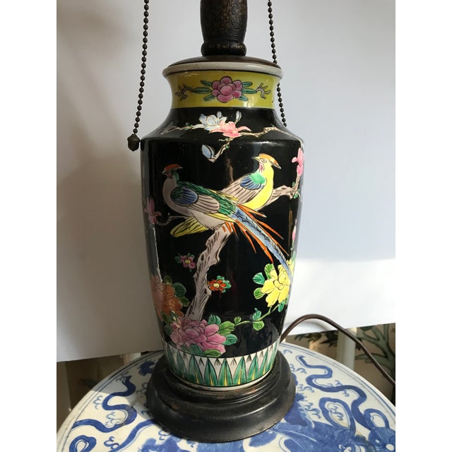 Vintage Chinese Black Base Multicolored Floral Bird Porcelain Vase