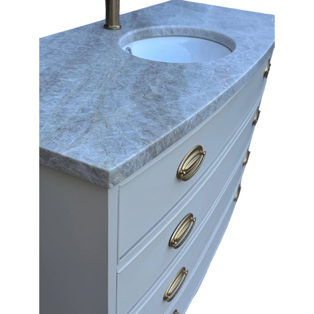 Mid-Century Modern Vintage Bow-Front Dresser Bathroom Vanity With Marble Top & Brass Hardware- Leathered Taj Mahal Quartzite For Sale - Image 3 of 3