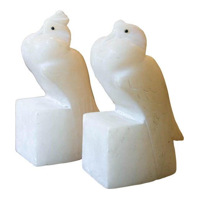 Pair Italian Alabaster Cockatoo Bookends – Hand-Carved Stone – Vintage Animal Sculpture For Sale