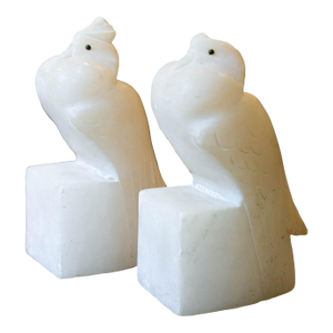 Pair Italian Alabaster Cockatoo Bookends – Hand-Carved Stone – Vintage Animal Sculpture