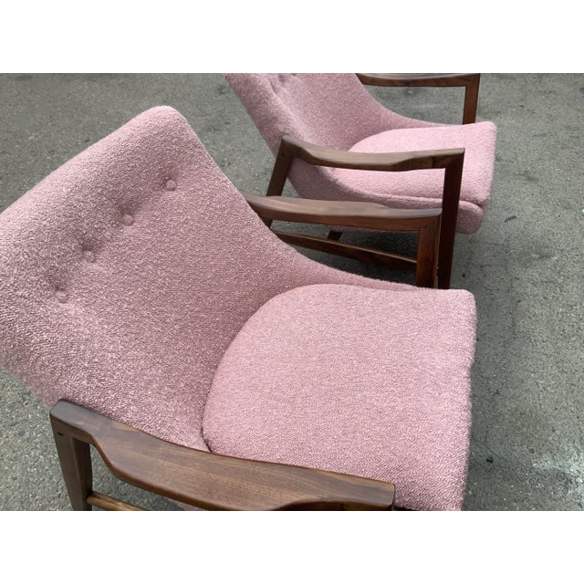 Mid-Century Modern Style Lounge Chairs - Solid Walnut Frames with Pink Boucle For Sale In Los Angeles - Image 6 of 13