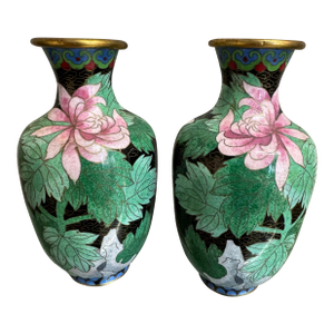 Peonies Cloisonné Vases Pair