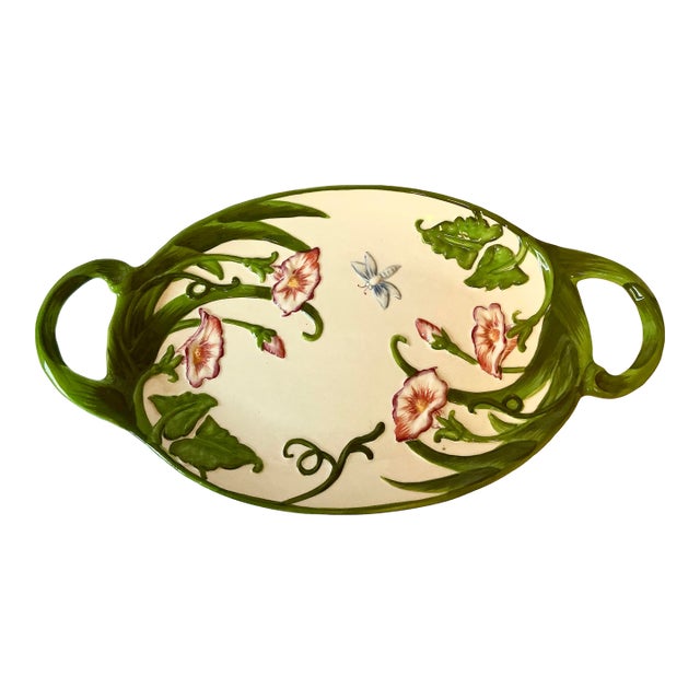 Large English Style Serving Platter Tableware With Spring Green Vines and Pink Flowers For Sale