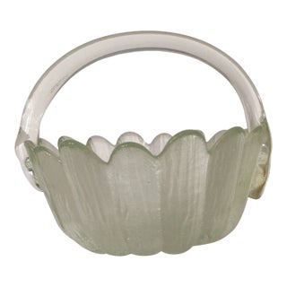 Vintage 1980s Hand Blown Glass Basket With Applied Handle Scalloped Rim For Sale