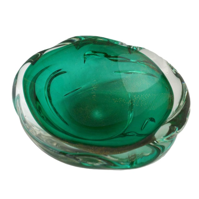 Vintage MCM Murano Art Glass Archimede Seguso Italian Glass Emerald Green Large Bowl with Gold Leaf Flake. MADE IN ITALY....