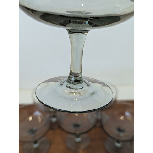 Transparent 1960s Russel Wright Granite Coupe | Morgantown Smoked Glass Mid-Century - Set of 9 For Sale - Image 8 of 11