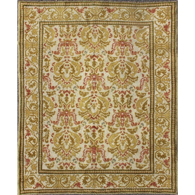 1930s Spanish Rug With Floral Yellow Green, Light Brown, Acid Green and Coral For Sale - Image 11 of 11