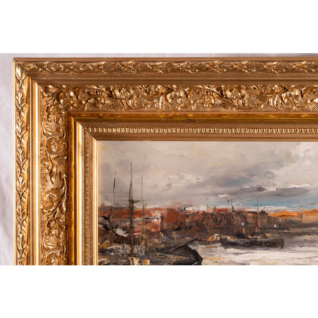 Ezelino Briante, Harbor with Moored Boats at Sunset, Oil on Panel For Sale - Image 10 of 15