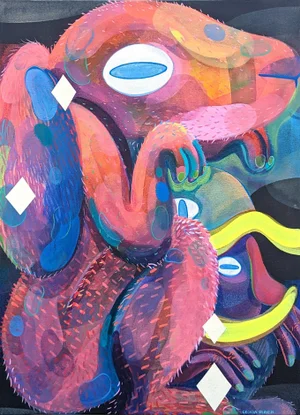 2021 Contemporary Abstract Pink and Blue Toned Biomorphic Rabbit Figure Painting by Cecilia Beaven