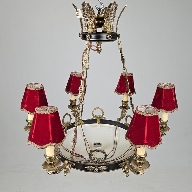 Metal Empire-Style Chandelier in Sheet Metal and Brass, 1940s For Sale - Image 7 of 7