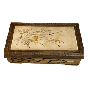 Vintage Mid 20th Century Italian Hand Carved Wooden Box With Flower Tile Top