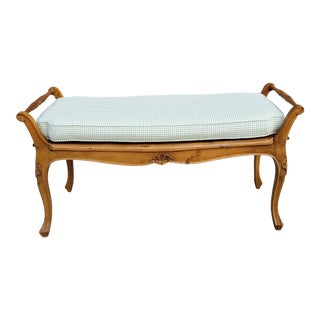 Vintage French Provincial Carved Wood & Cane Window Bench With Cushion For Sale