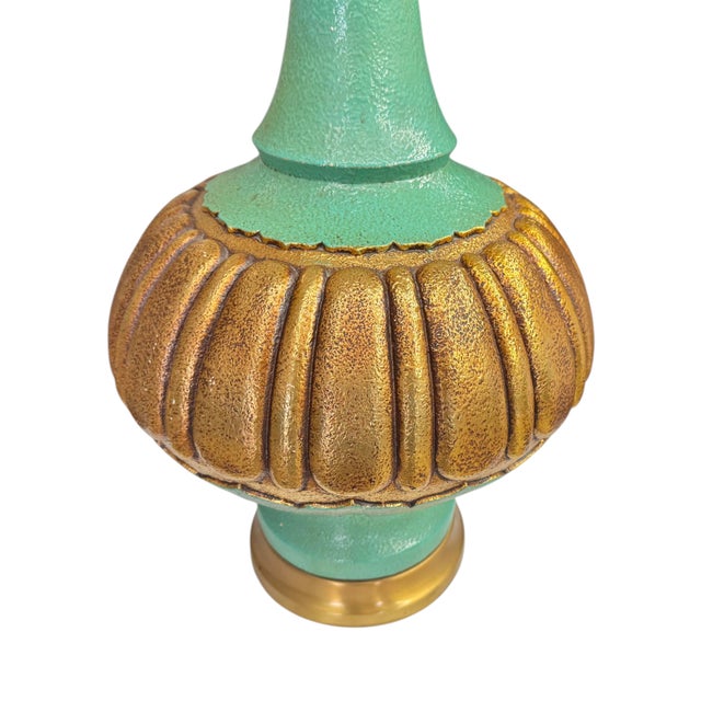 Mid-Century Modern 1960s Table Lamps in Turquoise and Gilt by Fortune Lamp Company - A Pair For Sale - Image 3 of 8