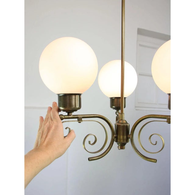 Vintage Italian Brass and Opaline Chandelier For Sale - Image 14 of 15