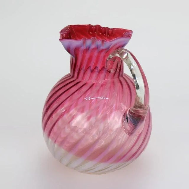 Cranberry & Opalescent Swirled Glass Juice Pitcher With Ruffled Rim 20thC For Sale - Image 6 of 9