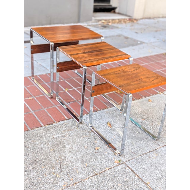 Mid-Century Modern Vintage Rosewood and Chrome Nesting Tables, Set of 3, C. 1960s-70s For Sale - Image 3 of 9