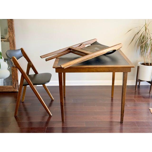 1960s Mid-Century 1960s Coronet “Wonderfold” Walnut Table & Pair of Folding Chairs Set With Black Vinyl for Poker Game or Breakfast Nook For Sale - Image 5 of 12