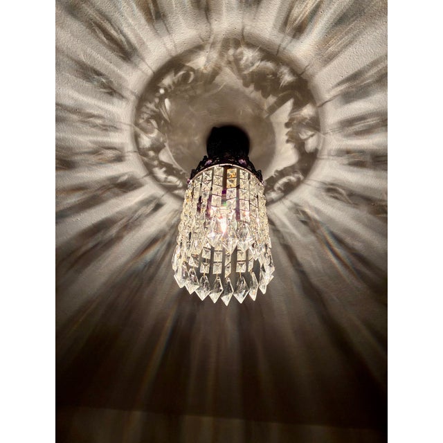 Small Vintage Crystal Chandelier – Bronze Filigree Crown & Amethyst Glass Accents For Sale - Image 12 of 18