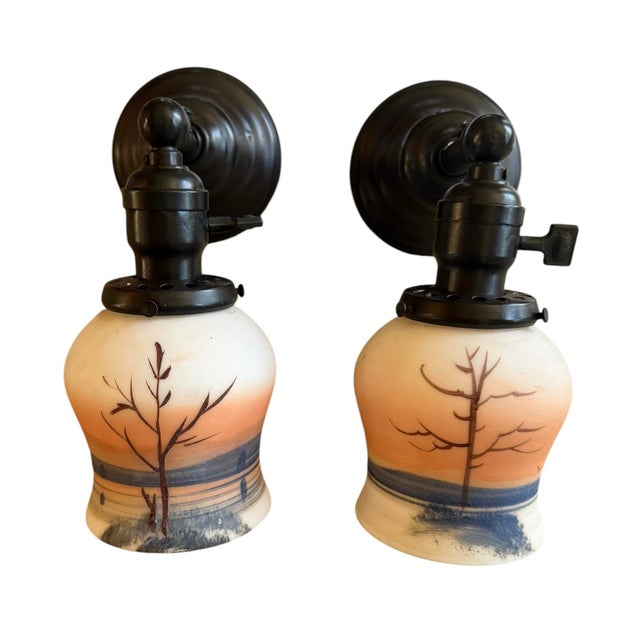 Pair of Antique Hand Painted Tree and Lake Scene Wall Sconces For Sale - Image 4 of 8