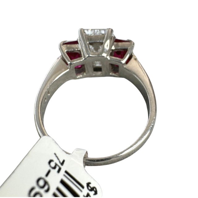 1.65 CTW Mid-Century Emerald Cut Diamond & Burmese Ruby Platinum Ring, Size 6.5 For Sale In Washington DC - Image 6 of 10