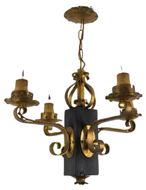 Gilt Wrought Iron and Black Wood Chandelier