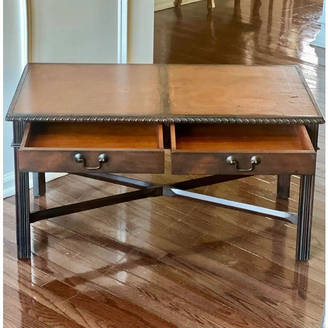 1940s Mahogany Chippendale Style Coffee Table With Leather Top and Drawers by Imperial For Sale In Philadelphia - Image 6 of 12