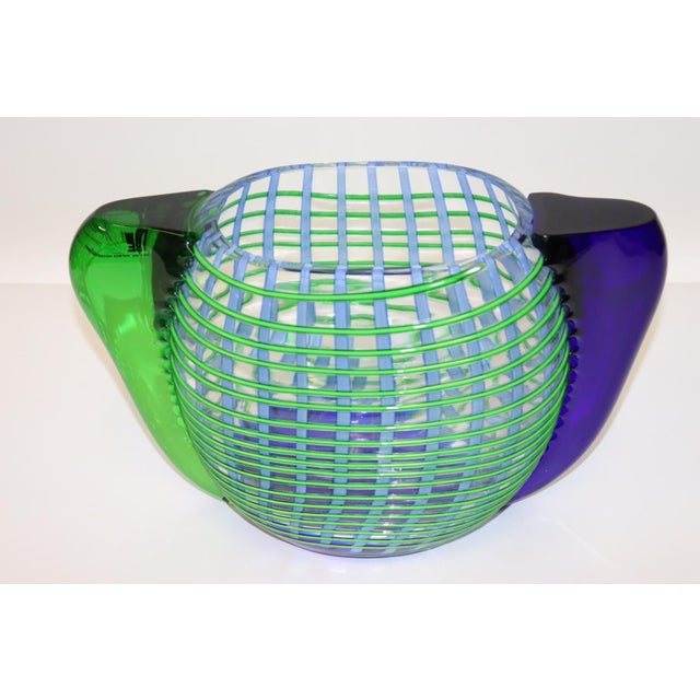 Mid-Century Murano Transparent Glass Vase with Green and Blue Filigree and spirals threads and hot-applied green and blue...