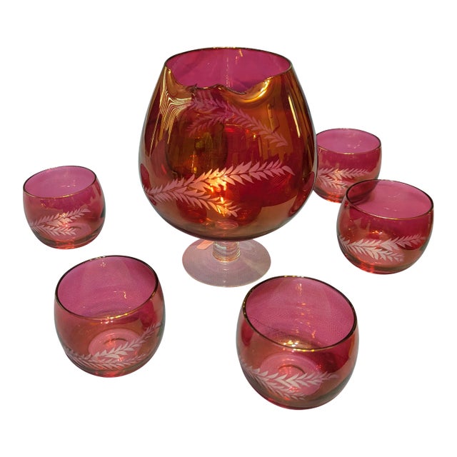 Vintage Cranberry Etched Brandy Glass Set- 7 Pieces For Sale