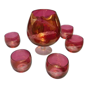 Vintage Cranberry Etched Brandy Glass Set- 7 Pieces