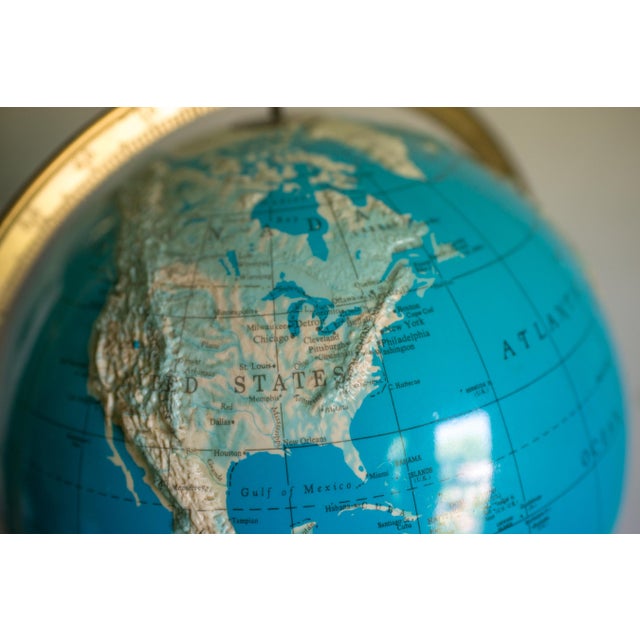 1970s Mid 20th Century Illuminated Topographic Globe — Ussr Cold War Era — Walnut Base — Brass Stand — Electric Light Globe For Sale - Image 5 of 8