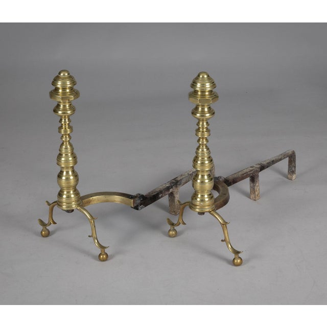 Mid 19th Century Pair American Brass Andirons For Sale - Image 5 of 6